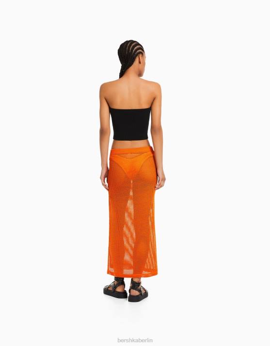 orange Bershka Frauen Mesh-Midirock H00J1642