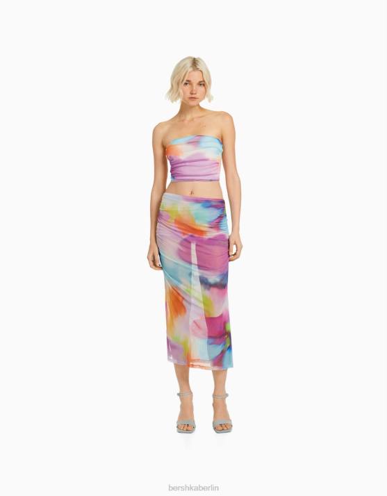 orange Bershka Frauen Midirock mit Mesh-Print H00J1636