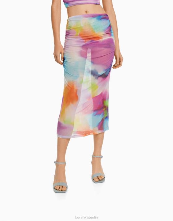 orange Bershka Frauen Midirock mit Mesh-Print H00J1636