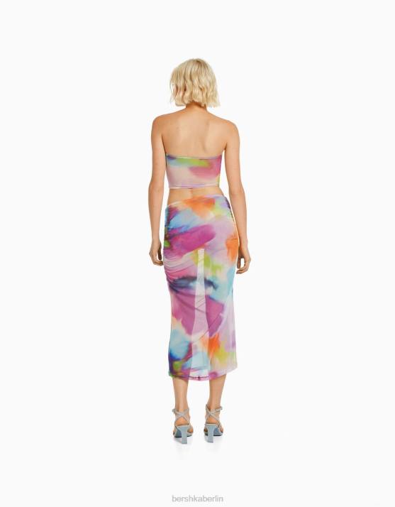 orange Bershka Frauen Midirock mit Mesh-Print H00J1636