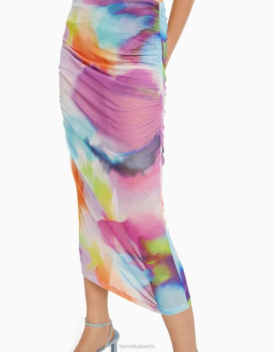 orange Bershka Frauen Midirock mit Mesh-Print H00J1636