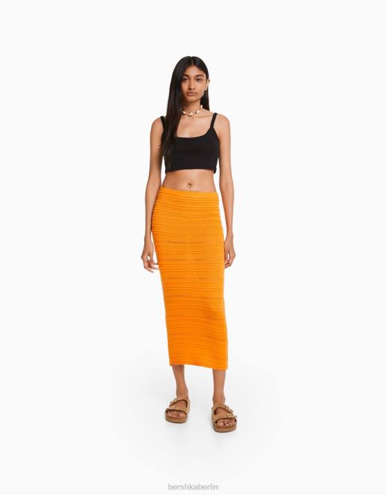 orange Bershka Frauen Offener Midirock aus Strick H00J1883