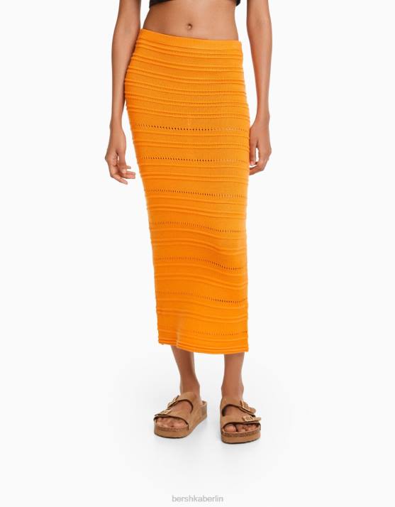 orange Bershka Frauen Offener Midirock aus Strick H00J1883