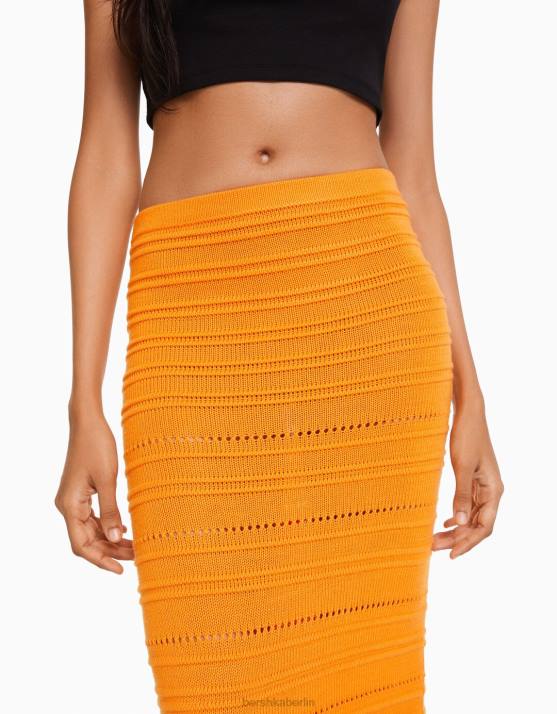orange Bershka Frauen Offener Midirock aus Strick H00J1883