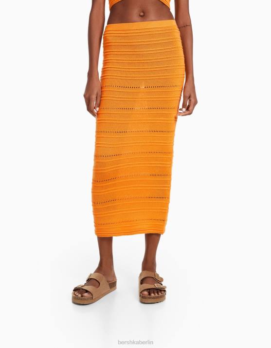 orange Bershka Frauen Offener Midirock aus Strick H00J976
