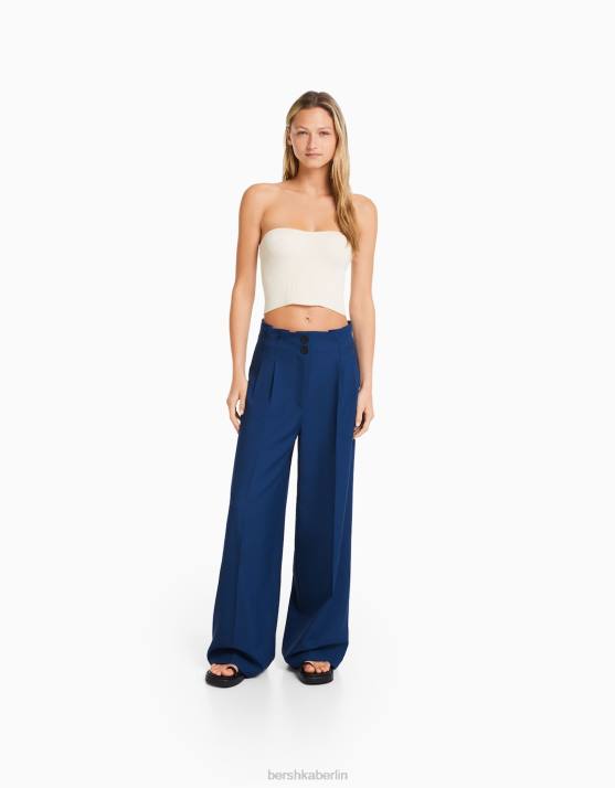 Blau Bershka Frauen Taillierte, rustikale Hose mit weitem Bein H00J1426