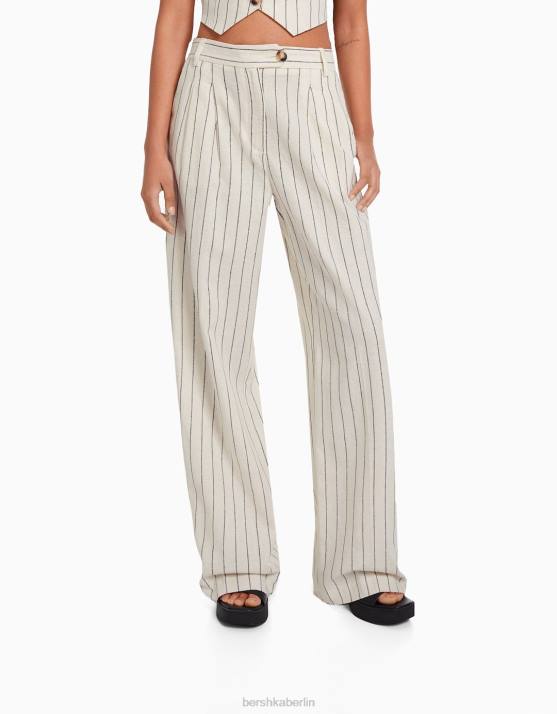 Creme Bershka Frauen Einfache Hose mit weitem Bein aus Leinenmischung und elastischem Bund H00J1472
