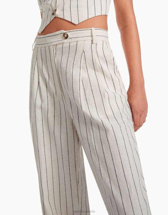 Creme Bershka Frauen Einfache Hose mit weitem Bein aus Leinenmischung und elastischem Bund H00J1472