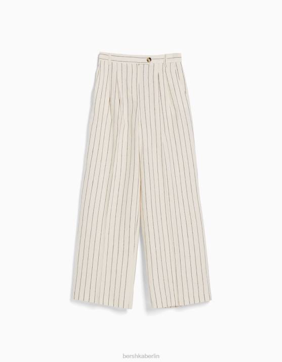 Creme Bershka Frauen Einfache Hose mit weitem Bein aus Leinenmischung und elastischem Bund H00J1472