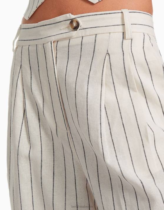 Creme Bershka Frauen Einfache Hose mit weitem Bein aus Leinenmischung und elastischem Bund H00J1472