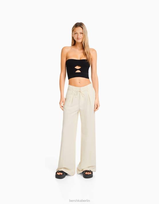 Creme Bershka Frauen Hose aus Leinenmischung mit weitem Bein H00J1418