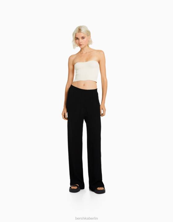 Schwarz Bershka Frauen Hose aus Krepp mit weitem Bein H00J1408