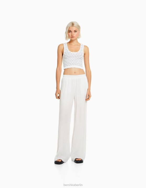 Weiss Bershka Frauen Hose aus Krepp mit weitem Bein H00J1406
