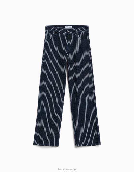 Blau Bershka Frauen Lockere, gerade geschnittene Nadelstreifenjeans H00J1536