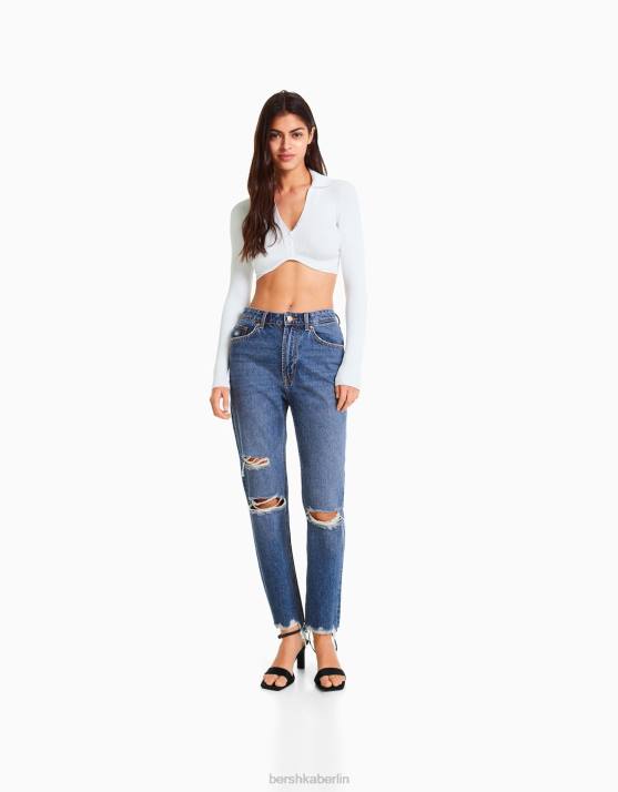 Blau Bershka Frauen Zerrissene Mom-Jeans H00J1552