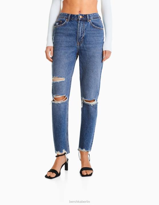 Blau Bershka Frauen Zerrissene Mom-Jeans H00J1552