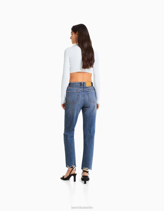 Blau Bershka Frauen Zerrissene Mom-Jeans H00J1552