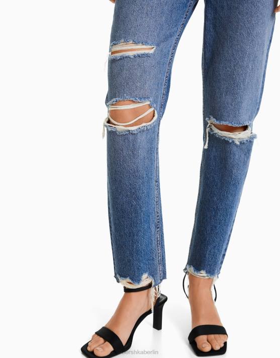 Blau Bershka Frauen Zerrissene Mom-Jeans H00J1552