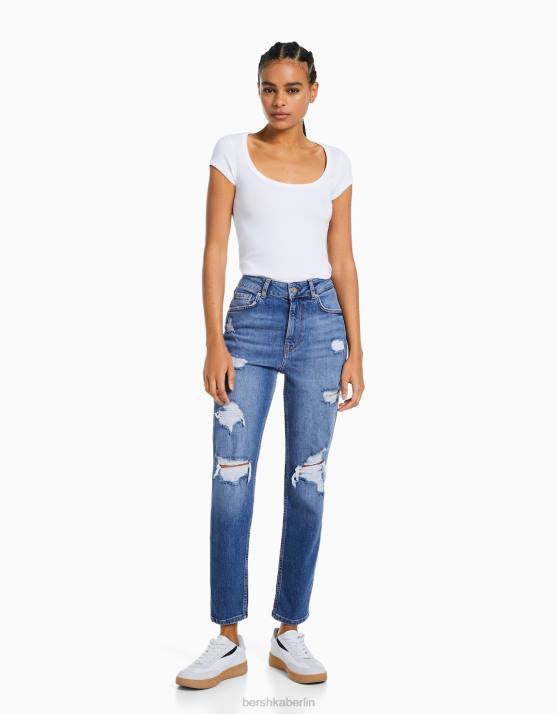 Blau Bershka Frauen Zerrissene Relax-Fit-Mom-Fit-Jeans H00J1593