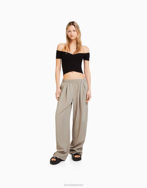 Sand Bershka Frauen Hose mit weitem Bein und Falten H00J1575