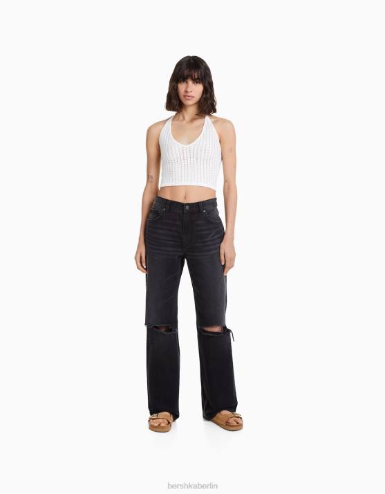 Schwarz Bershka Frauen weite zerrissene Jeans im Stil der 90er H00J1490