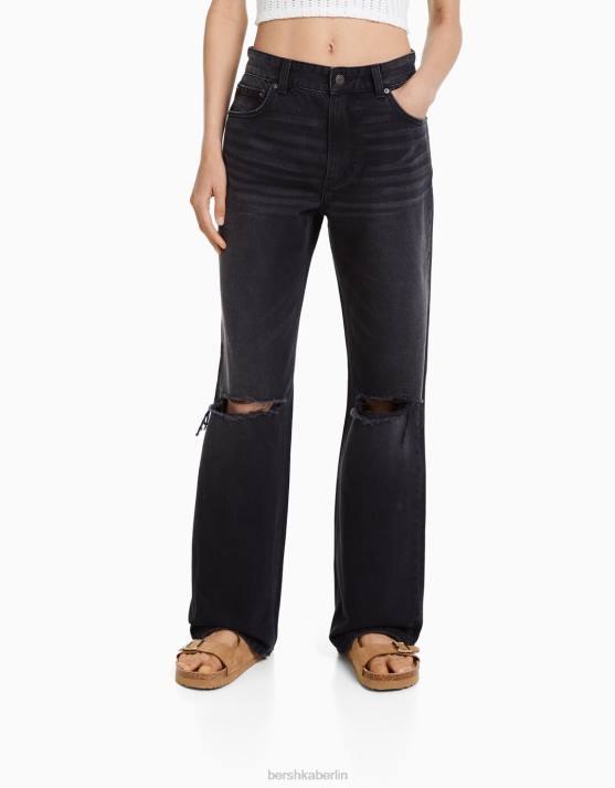 Schwarz Bershka Frauen weite zerrissene Jeans im Stil der 90er H00J1490