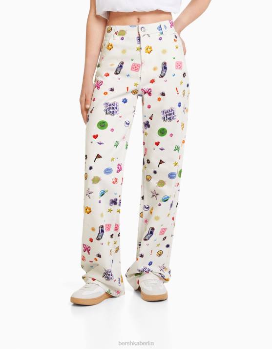 Weiss Bershka Frauen Bedruckte 90er-Jahre-Jeans mit weitem Bein H00J1592