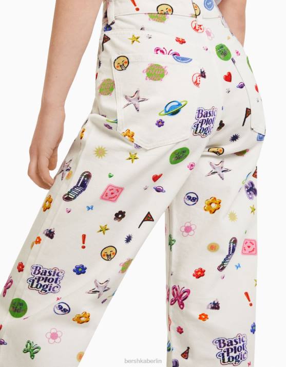 Weiss Bershka Frauen Bedruckte 90er-Jahre-Jeans mit weitem Bein H00J1592