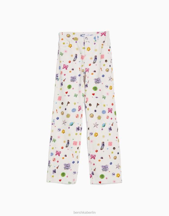 Weiss Bershka Frauen Bedruckte 90er-Jahre-Jeans mit weitem Bein H00J1592