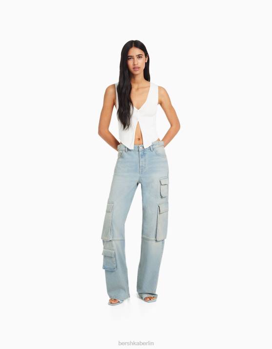 hellblau Bershka Frauen Ausgewaschene Cargo-Jeans mit mehreren Taschen H00J1878