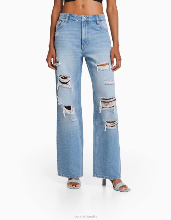 hellblau Bershka Frauen Zerrissene 90er-Jahre-Jeans mit weitem Bein H00J1583
