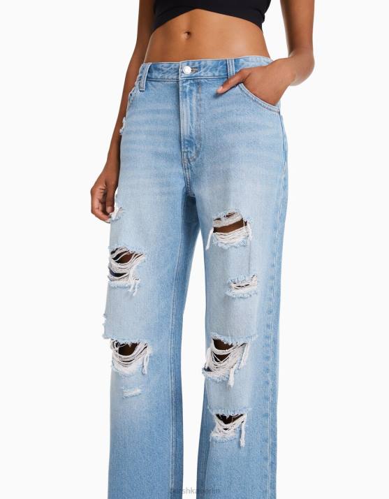hellblau Bershka Frauen Zerrissene 90er-Jahre-Jeans mit weitem Bein H00J1583