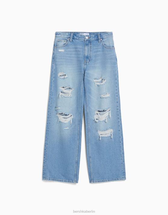 hellblau Bershka Frauen Zerrissene 90er-Jahre-Jeans mit weitem Bein H00J1583