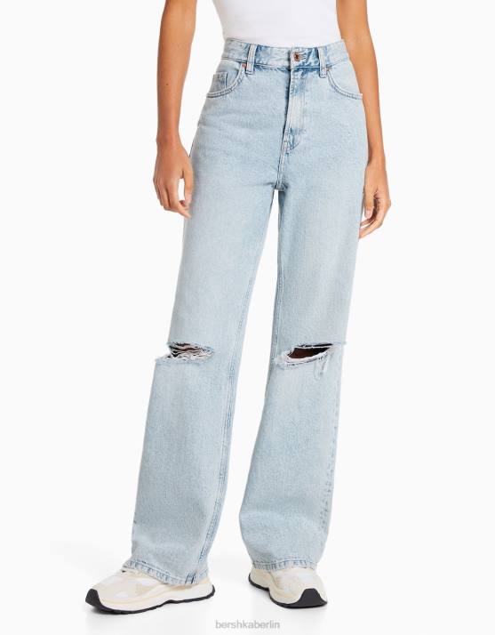 hellblau Bershka Frauen Zerrissene 90er-Jahre-Jeans mit weitem Bein H00J1606