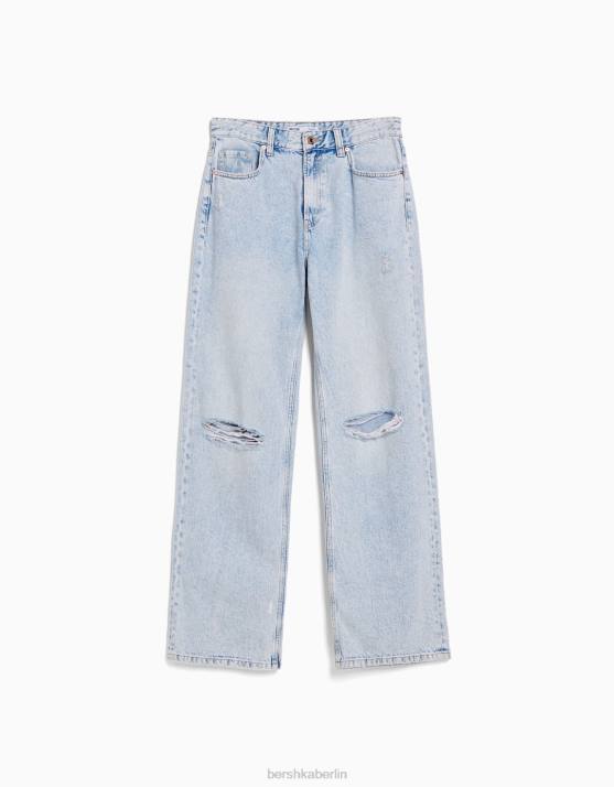 hellblau Bershka Frauen Zerrissene 90er-Jahre-Jeans mit weitem Bein H00J1606