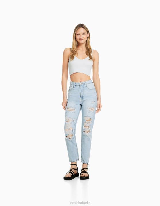hellblau Bershka Frauen Zerrissene Mom-Jeans H00J1542