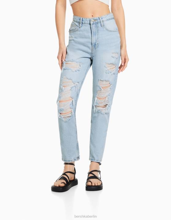 hellblau Bershka Frauen Zerrissene Mom-Jeans H00J1542