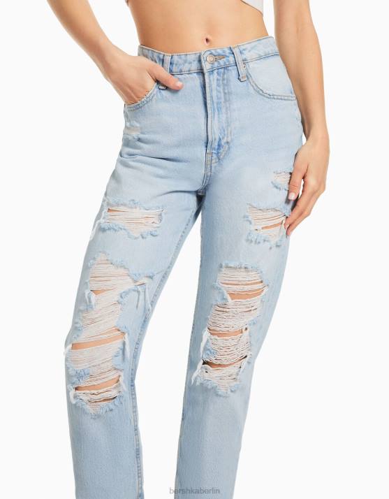 hellblau Bershka Frauen Zerrissene Mom-Jeans H00J1542