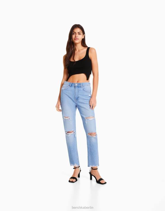 hellblau Bershka Frauen Zerrissene Mom-Jeans H00J1551