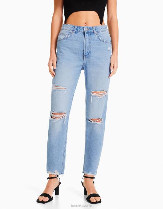 hellblau Bershka Frauen Zerrissene Mom-Jeans H00J1551