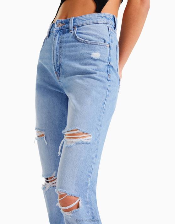 hellblau Bershka Frauen Zerrissene Mom-Jeans H00J1551