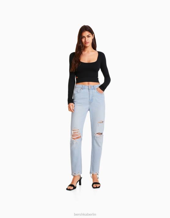hellblau Bershka Frauen Zerrissene Mom-Jeans H00J1553