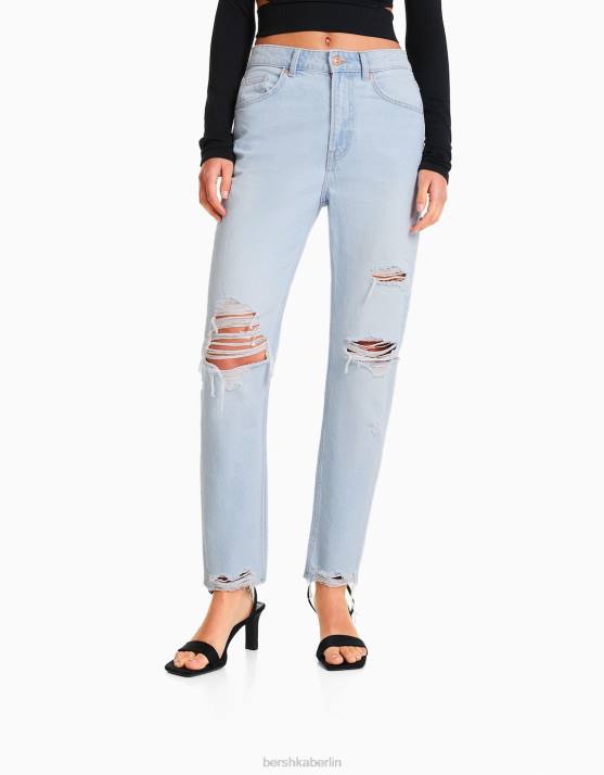 hellblau Bershka Frauen Zerrissene Mom-Jeans H00J1553