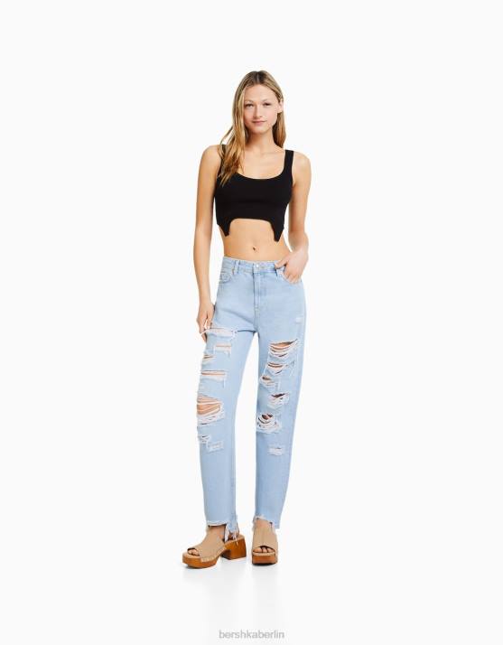hellblau Bershka Frauen Zerrissene, kurze Jeans mit geradem Bein H00J1573