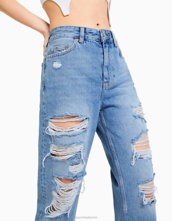 hellblau Bershka Frauen Zerrissene, verkürzte Mom-Jeans mit geradem Bein H00J1571