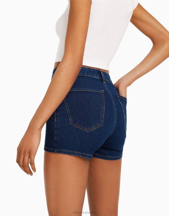Blau Bershka Frauen Stretch-Jeansshorts mit hohem Bund H00J1733