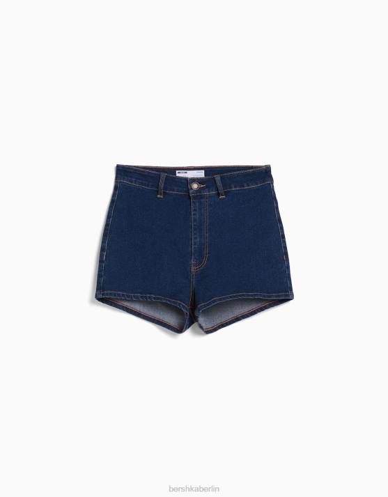 Blau Bershka Frauen Stretch-Jeansshorts mit hohem Bund H00J1733