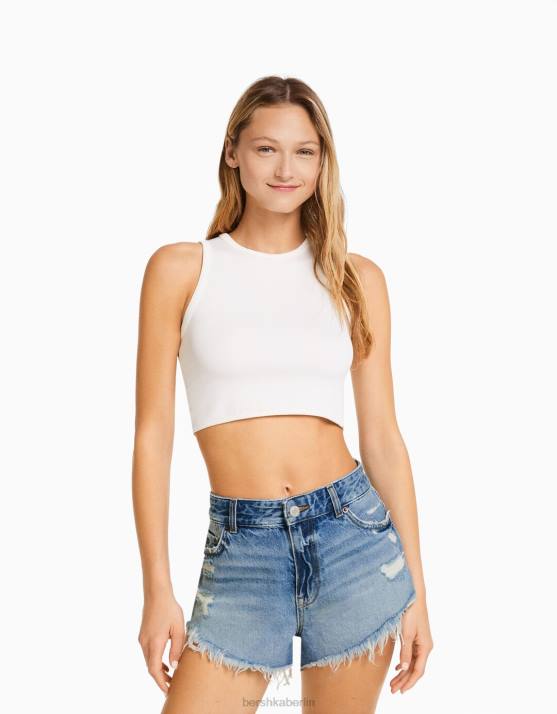 Blau Bershka Frauen Vintage-Jeansshorts mit Rissen H00J1706