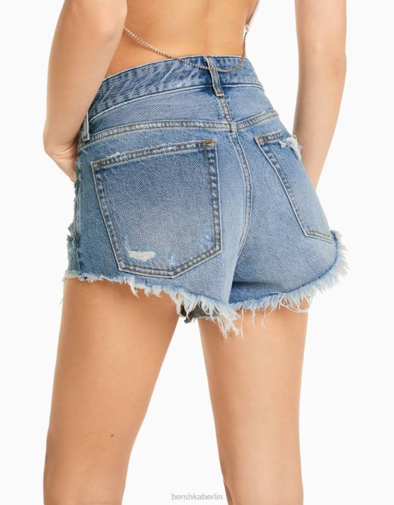 Blau Bershka Frauen Vintage-Jeansshorts mit Rissen H00J1706