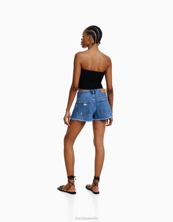 Blau Bershka Frauen Vintage-Jeansshorts mit Rissen H00J1717
